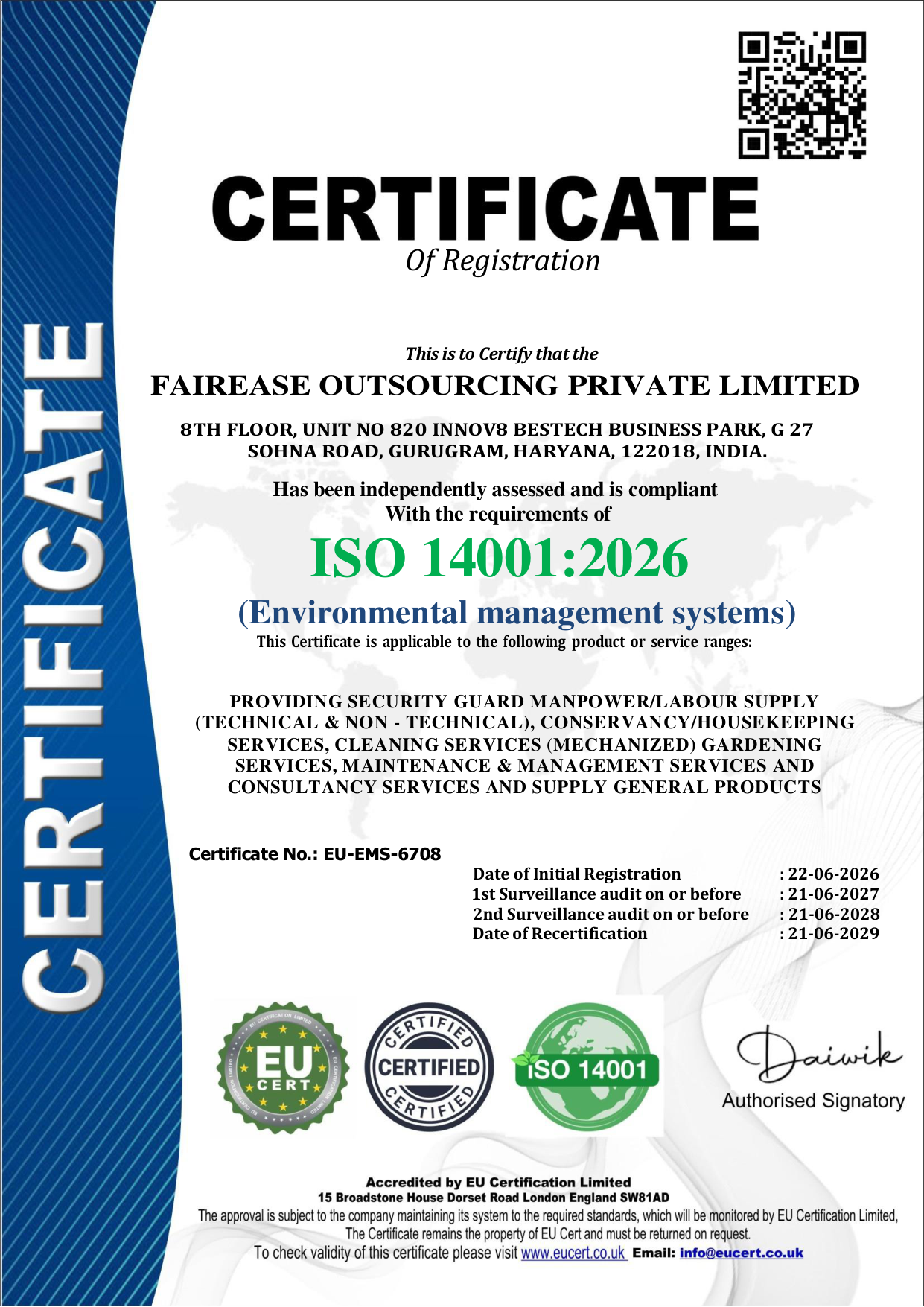 ISO 14001:2015 Certificate - Fairease Outsourcing Pvt. Ltd.