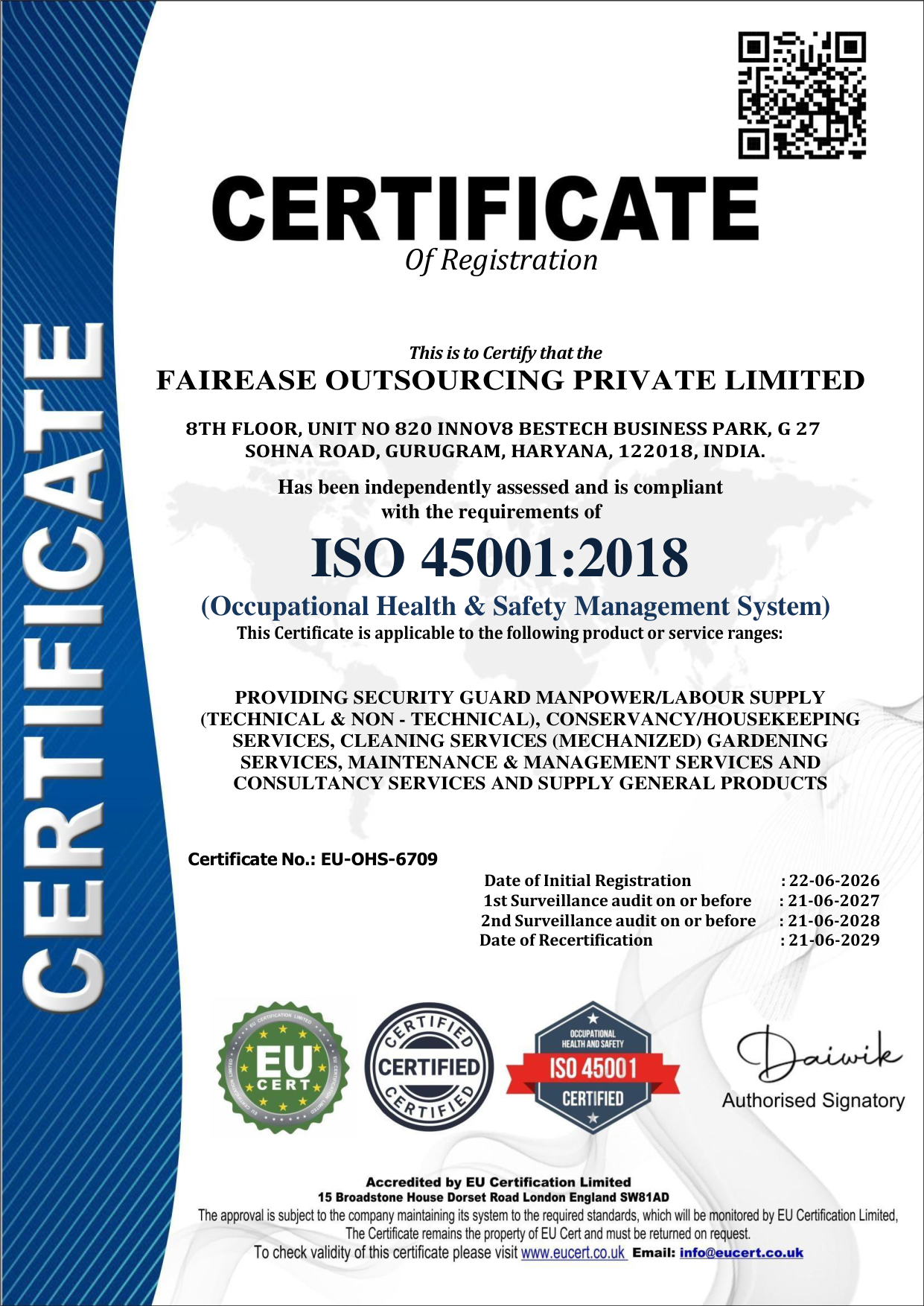 ISO 45001:2018 Certificate - Fairease Outsourcing Pvt. Ltd.